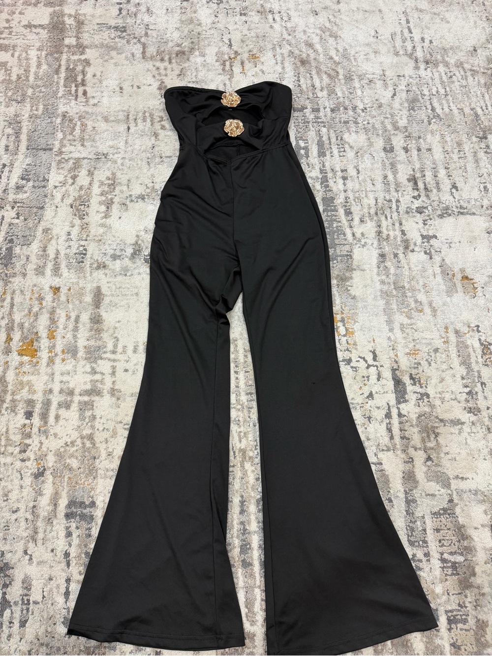 Strapless Black Wide-Leg Jumpsuit with Gold Medallion Details